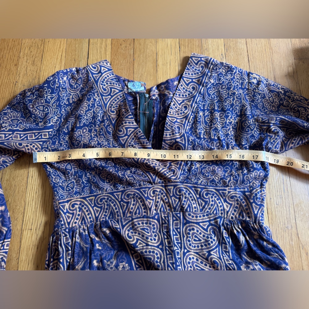 70s Vintage Indian Cotton Brown and Navy Animal Print Maxi Dress Sz L - Picture 7 of 7